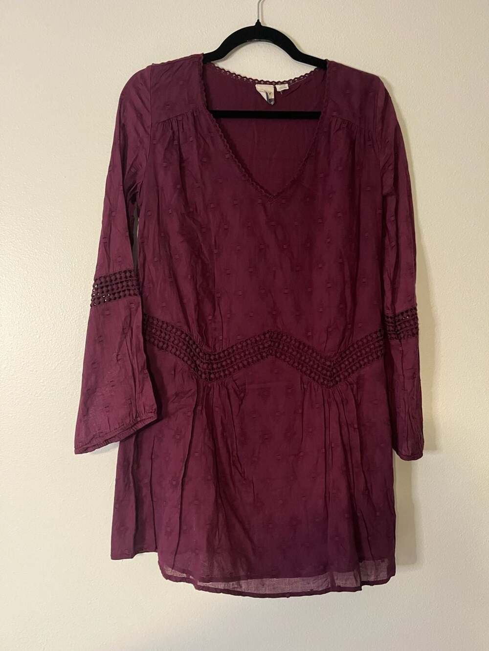 Roxy Women's Long Sleeve Boho Crochet Detail V-Neck Mini Dress or Tunic (FB1)